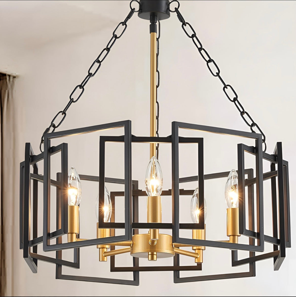 Lámpara Colgante Geométrica de 4 Luces Negro y Latón