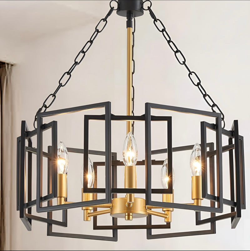 Lámpara Colgante Geométrica de 4 Luces Negro y Latón