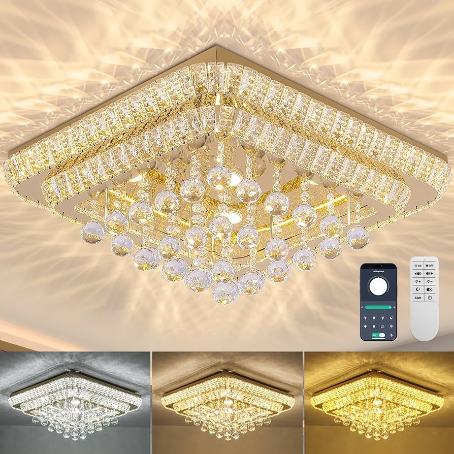 Plafón LED Cuadrado de Cristal Dorado