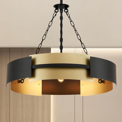 Lámpara Colgante Circular de Doble Aro Negro y Dorado